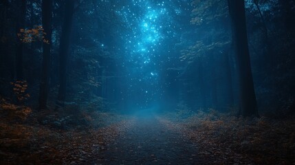 Fototapeta premium Mystical blue forest path at night, glowing particles.