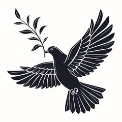 Dove with olive branch vector Black silhouette on a white background