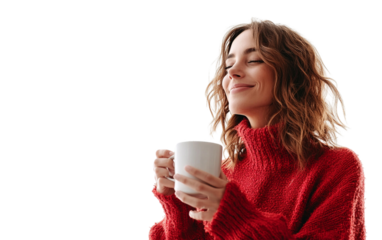 Cheerful woman in a red sweater holding a steaming cup of coffee, looking relaxed and content, set against a clean white background.

