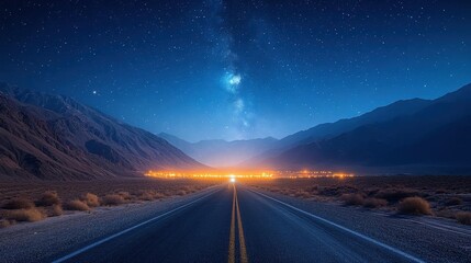Starry Night Sky over Desert Highway and Mountains