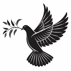 Dove with olive branch vector Black silhouette on a white background