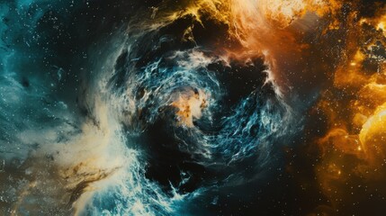 a mesmerizing cosmic ballet of swirling galaxies and celestial bodies, white space in the center of the page for text, bold and dynamic hues against a dark cosmic background