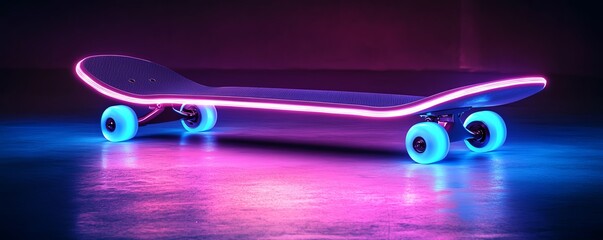 Neon skateboard illuminated in the dark, capturing the essence of modern design and urban style for creative projects