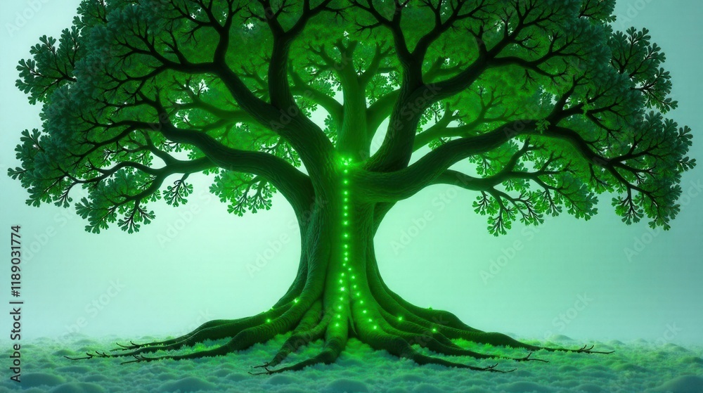 Poster luminous life source an ancient tree with glowing energy pathways