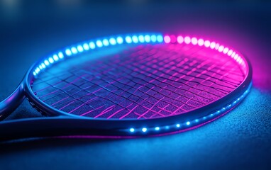 Tennis racket lit up with colorful neon lights, symbolizing innovation and modern sports technology in a dynamic environment