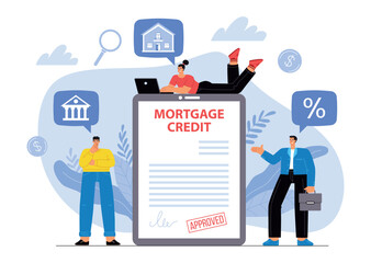 Bank employee approves loan to buyer. Mortgage loan inspector stamped contract, happy home owner, cartoon tiny people, vector illustration