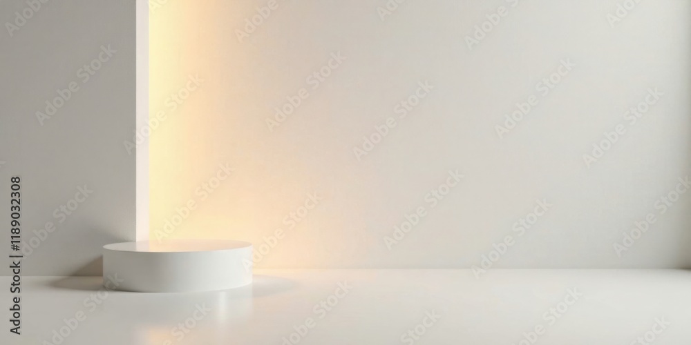 Poster minimalist white studio product display platform with soft ambient lighting
