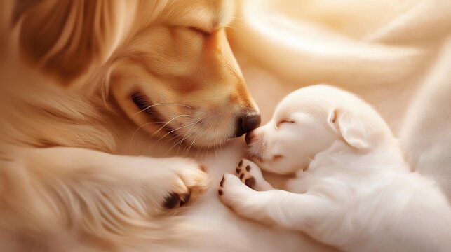 A tender moment between a golden retriever mother and her sleeping puppy, showcasing warmth, love, and a strong maternal bond in a cozy, golden-hued setting