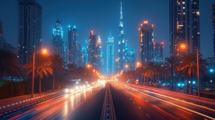 Fototapeta premium Night cityscape with illuminated skyscrapers and traffic streaks on a highway lined with palm trees.
