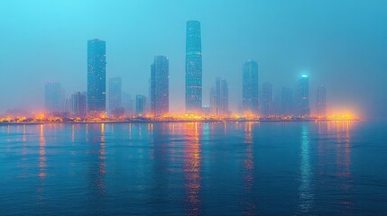 Stunning cityscape at night with reflections in calm water