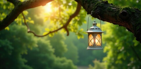 Ornate white lantern suspended from an oak limb above the forest floor, light, nature