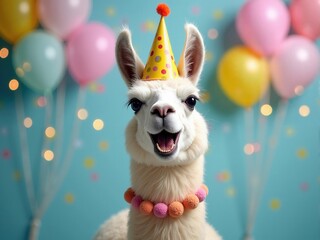 Llama wearing a birthday hat and necklace smiles joyfully in front of colorful balloons