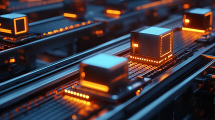 Fototapeta premium High-tech conveyor belt with automated packages in smart warehouse for modern logistics solutions. 