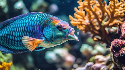 Obraz premium Vibrant Parrotfish in a Coral Reef Ecosystem: An Underwater Paradise