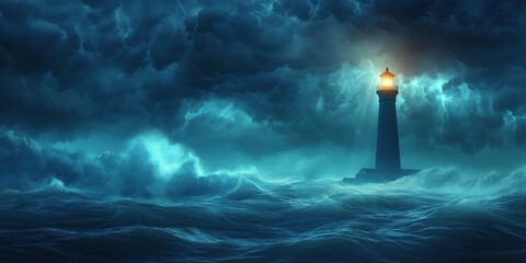 Luminous Lighthouse Stands Strong Amidst a Tempestuous Sea