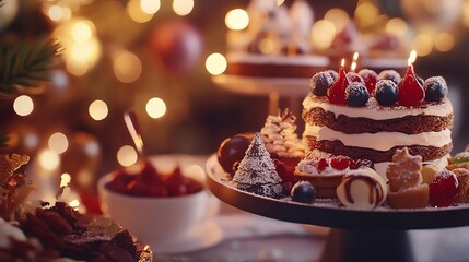 Festive holiday deserts with twinkling Christmas lights