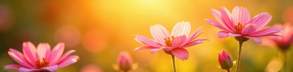 Naklejka premium Petals of pink wild flowers swaying gently in the warm sunlight, orange, sunshine, colorful