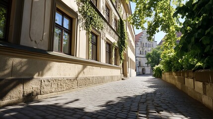 Obraz premium Cobblestone street, old building, sunny day, trees, medieval architecture; travel brochure
