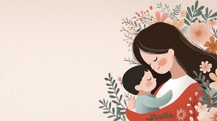 A minimalist illustration of a mother lovingly cradling her baby with copy space for text. Perfect for themes of motherhood, care, and tenderness and Mother's day