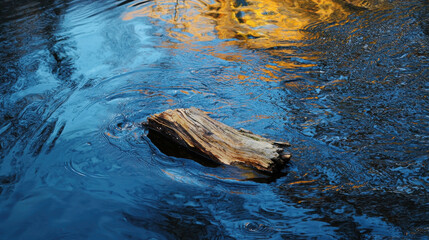 Frozen River, Driftwood and Reflection: A piece of driftwood floats serenely on the surface of a partially frozen river, its reflection distorted by the icy water, creating an abstract.