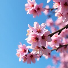Obraz premium Pink cherry blossoms against a clear blue sky, flowers, branch, blossoming