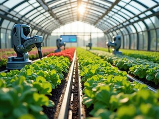 Advanced robotics enhance efficiency in smart greenhouse farming during sunrise