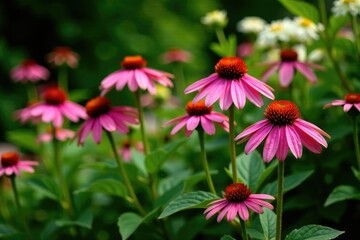 Fototapeta premium Pink coneflower clusters in a lush perennial border, flowers, greenery
