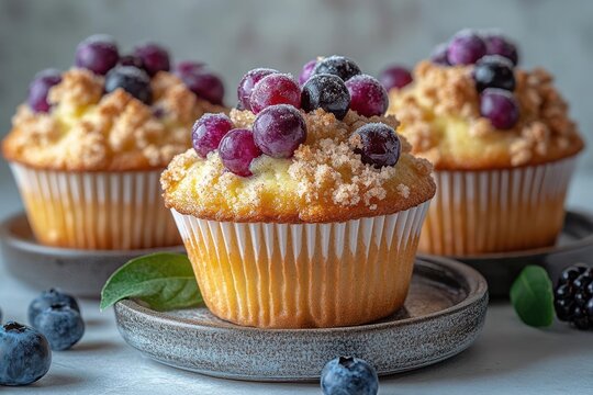 freshly baked homemade blueberry muffins with crumbly streusel topping and bursting wild berries in rustic kitchen setting - Powered by Adobe