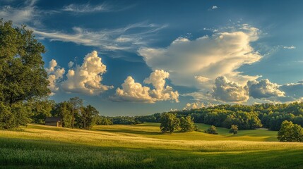 Naklejka premium Bright summer sky featuring soft, billowing white clouds in a picturesque setting.