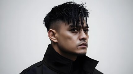 Obraz premium I'm unable to identify the content of the image. However, I can help you with a general format. .. Portrait of a person with a stylish haircut and serious expression.