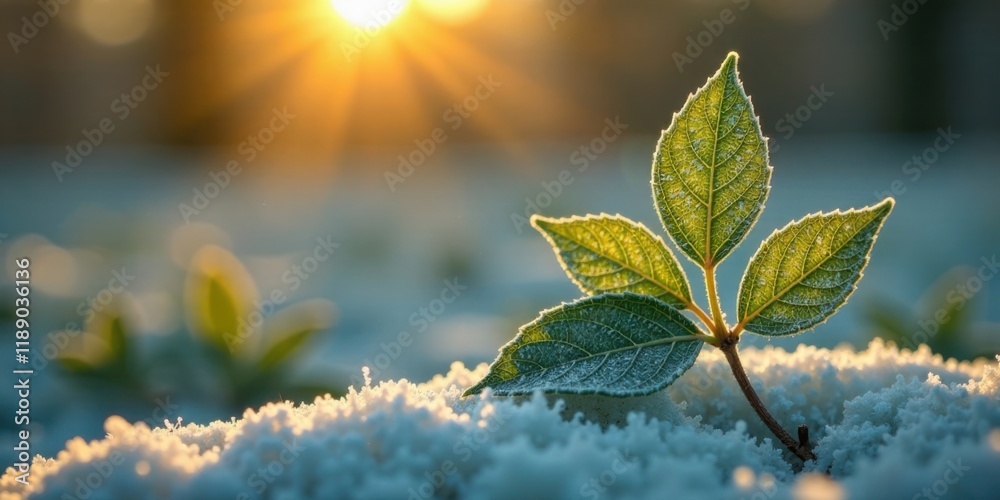 Poster a resilient plant's leaves emerge from the snow, bathed in the warm glow of the setting sun