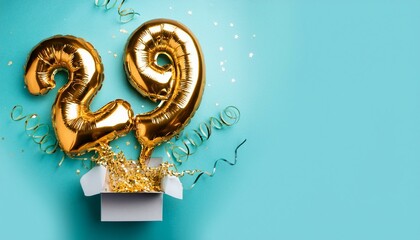 Number 29 birthday balloon celebration gift box lay flat explosion, copy space. Generated image