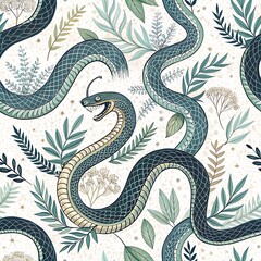 Obraz premium Seamless snake pattern with botanical elements, Intricate seamless design featuring coiled snakes surrounded by delicate botanical leaves and plants, perfect for unique and natural themes. 