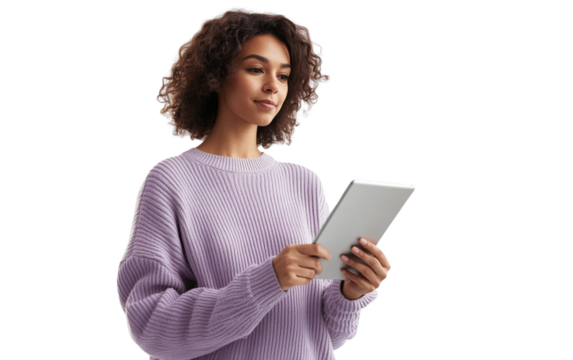 Confident woman in a purple sweater holding a tablet vertically, standing with a focused look white background
