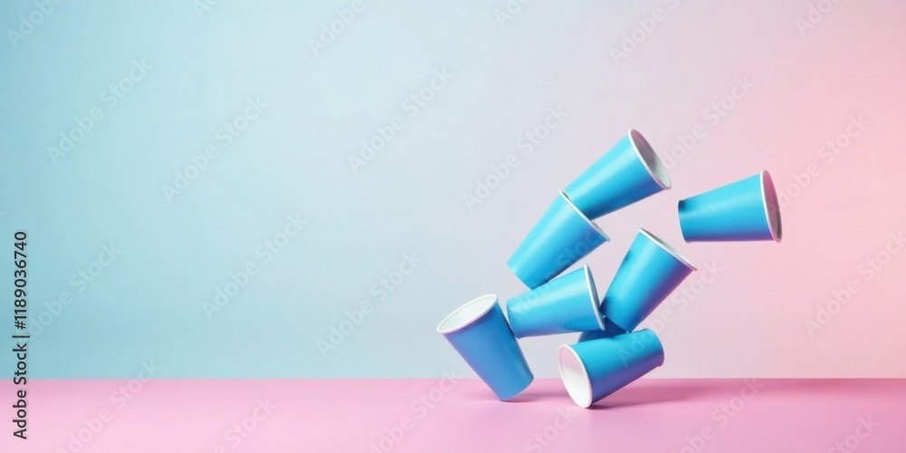 Aufkleber pastel-colored cups in dynamic motion on a two-tone surface