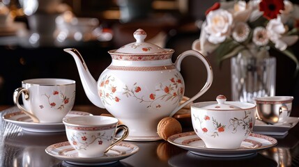 Fototapeta premium Elegant tea set with a teapot and teacups on a table. 