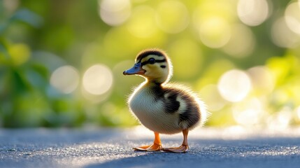 Cute duckling with its eyes wide open, standing on a bright white surface.