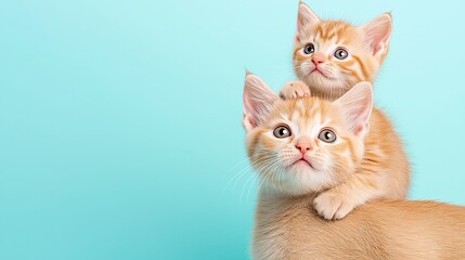 Obraz premium Two playful orange kittens with curious expressions, climbing on each other against a clean turquoise background, showcasing innocence and charm