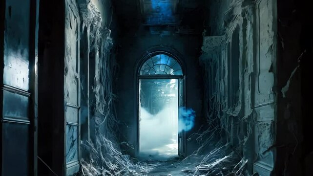 The abandoned haunted house's dark hallway filled with debris