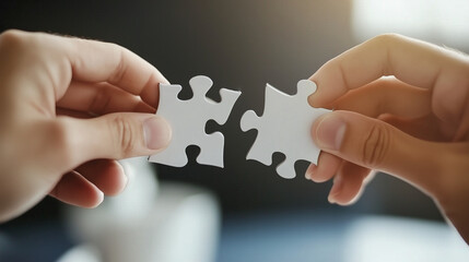 Hands joining puzzle pieces in an office, symbolizing teamwork, partnership, and collaboration. A creative concept of unity and working together for shared goals.