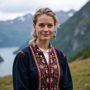 Woman in Norwegian bunad with silver ornaments in fjord landscape