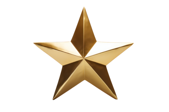 A golden star with a matte finish resting on a smooth white surface, casting subtle shadows that enhance its three-dimensional appearance. The star is perfectly symmetrical