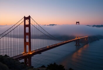 Golden Gate Bridge in San Francisco at dawn, with fog partially covering the towers