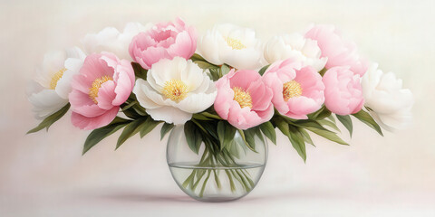 Beautiful peonies in shades of pink and white are elegantly arranged in a glass vase, adding charm