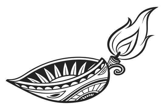 black and white diya lamp with flame clip art preview