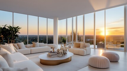 Contemporary Living Room with Floor to Ceiling Windows at Sunset