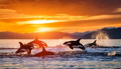 Fototapeta premium Orcas Sunset Ocean Wildlife Whales Jumping Nature Seascape