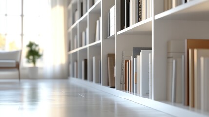 Fototapeta premium Bright modern room with white bookshelves filled with books and art.