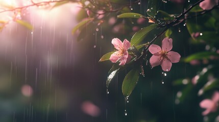 Pink flowers blooming in the rain