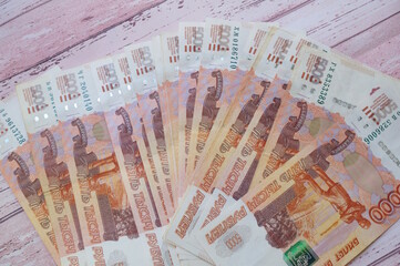 Banknotes in close-up. Russian rubles. Finance and economics.